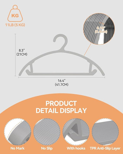 ABHENG 80 Pack Clothes Hangers, Non Slip Heavy Duty Plastic Hangers, Space Saving All-in-One Garment Hangers for Dresses Suits Jeans Knits, Hold Up to 11 LB Dry & Wet, 16.4" x 8.3", Gray, UAPY0880G
