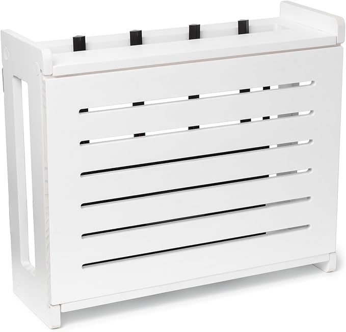 Wooden WiFi Router Storage Box - Standard Wall Mountable Decorative Modem Shelf Hider Cover with Cable Management System - Rustic Home Organization Solution for Most Routers Up To 11" Tall - White