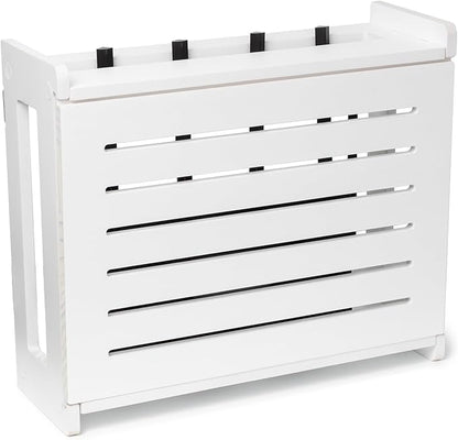 Wooden WiFi Router Storage Box - Standard Wall Mountable Decorative Modem Shelf Hider Cover with Cable Management System - Rustic Home Organization Solution for Most Routers Up To 11" Tall - White