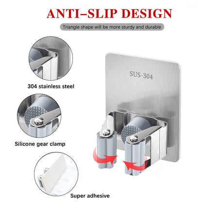 2PCS Broom Holder Wall Mount Self Adhesive Mop and Broom Holder Stainless Steel Broom Hanger Heavy Duty for Laundry Storage Bathroom Kitchen Garage (16 Ounce)