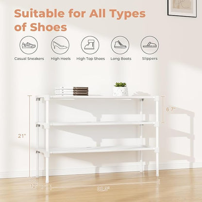 34" Widening Design Shoe Rack for Closet 16 Pairs Small Spaces Non-Woven 3 Tier Shoe Organizer Stackable Metal Shoe Shelf for Entryway, Bedroom White
