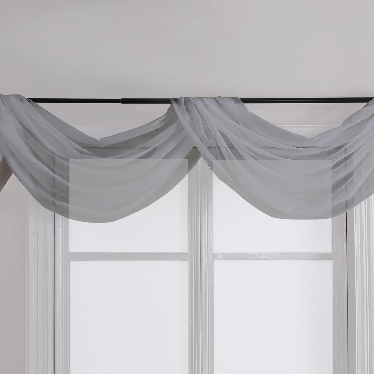 Charcoal Grey Sheer Scarf Valances for Windows 216 Inch Extra Long (2 Count)