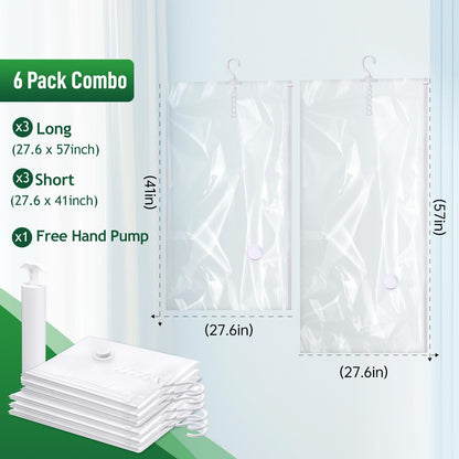 Hanging Vacuum Storage Bags For Clothes With Hand Pump (6 Count)