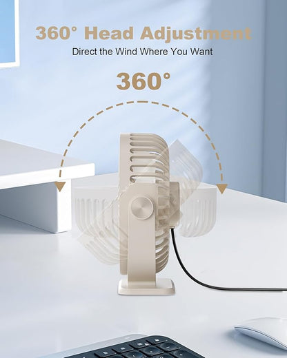 TriPole USB Desk Fan Small Portable Personal Fan, 3 Speeds Adjustable Strong Breeze Mini Electric Fan, 360° Rotation Quiet Plug In USB Fan for Desktop Bedroom Office Table Travel Cruise, Beige, 4.5in