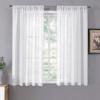 Short Sheer Curtains Linen Textured Living Room Curtain Sheers Light Filtering Rod Pocket Voile Curtains for Bedroom