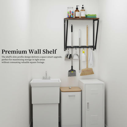 Broom Holder Wall Mount with 3 Storage Slots & 4 Utility Hooks