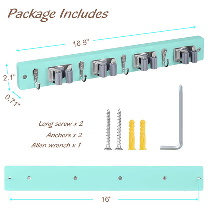 Turquoise Mop Broom Holder Wall Mount with 4 Slots & 4 Hooks