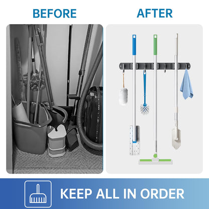 Wall Mount Broom Holder 3 Racks 4 Hooks Metal Tool Organizer Black
