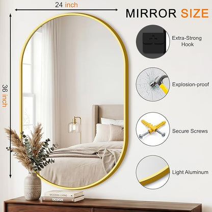 TRAHOME Oval Bathroom Mirror, 2 Pack 24"x36" Gold Vanity Mirror for Over Sink, Bedroom, Living Room, Entryway, Modern Mounted Metal Frame Wall Mirror