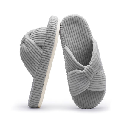 Slippers for Women Memory Foam House Bedroom Corduroy Bow Crossbands Slide Slipper Shoes Comfy Trendy Gift Slippers Grey Size 9 10 8.5