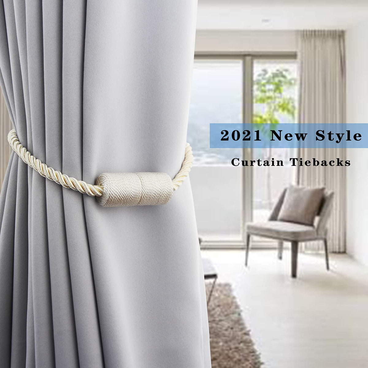 2 Pack Beige Strong Magnetic Curtain Tiebacks Outdoor Elegant Decorative Tie Backs Modern Rope Tiebacks for Drapes Window Curtain Holdbacks for Draperies (2 Count)