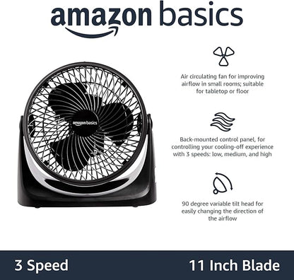 Amazon Basics Air Circulator Fan, Desk Fan for Bedroom, Home and Office, With 90-Degree Tilt Head, 3 Speed Settings, Lightweight (4.2 LBS), 70 Watts, Black, 14.8"Wx7.6"Dx14.1"H