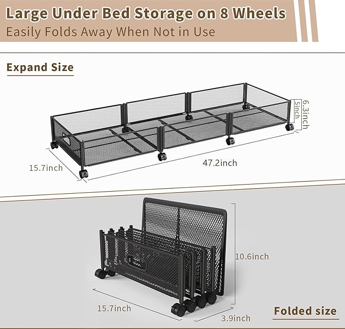 47.2'' Long Under Bed Storage on Wheels, 57.6L Large Capacity Rolling Under the Bed Storage Containers, Tool-Free Assembly Foldable Underbed Shoes Clothes Toy Drawers