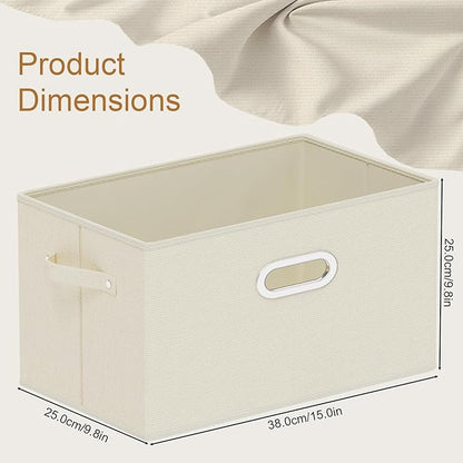 Foldable Cloth Basket with 4 Handles, Decorative Open Storage Boxes, Stackable Cube Organization, Fabric Bins for Shelves, Closet, Living Room, 15x9.8x9.8in, Beige, 2 Pack