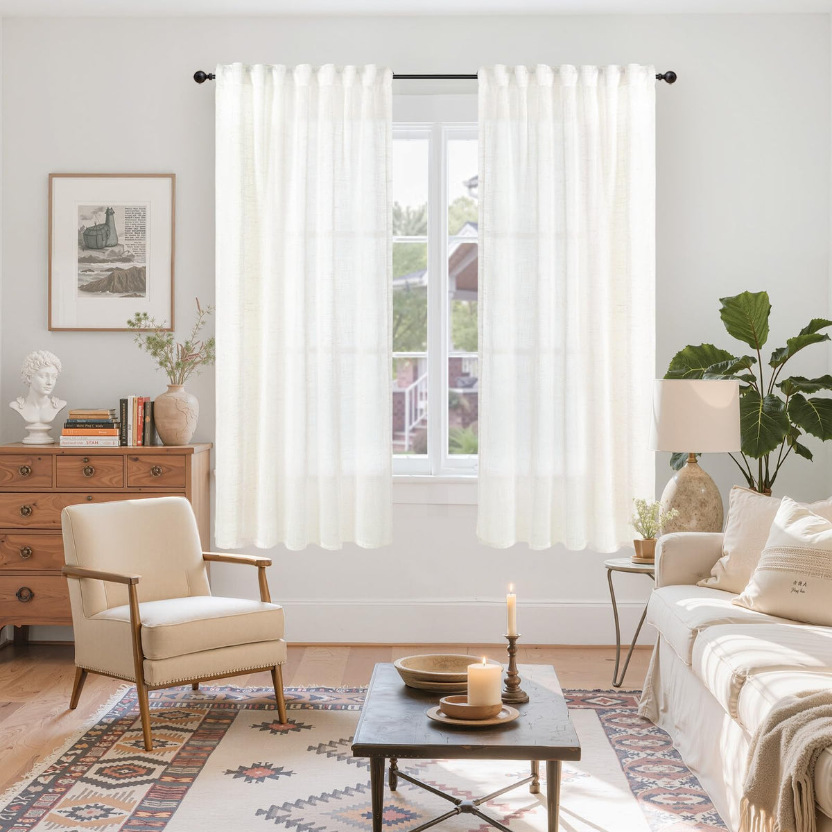 Ivory White Linen Curtains 63 Inch Length for Living Room (2 Count)