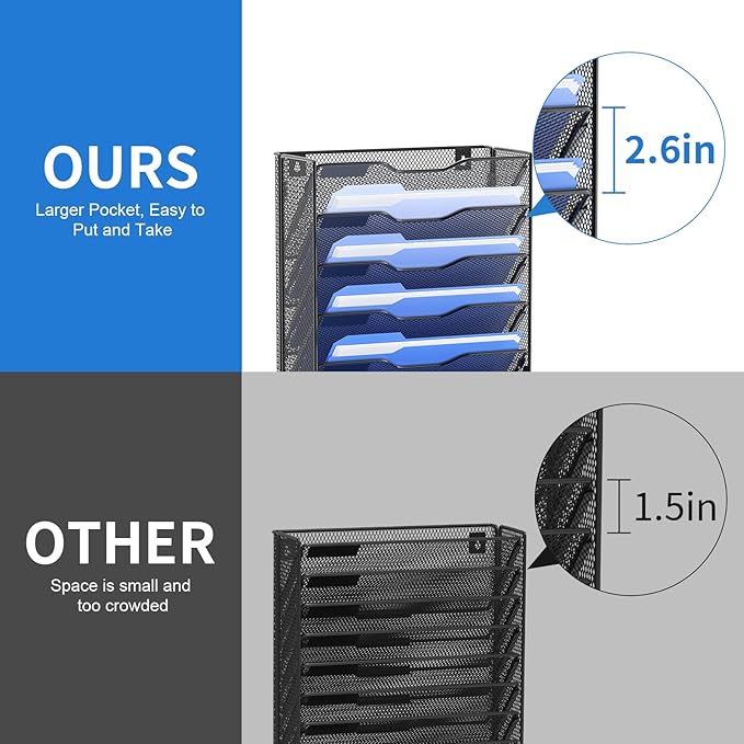 OUTWOLF 10 Tier Hanging Wall File Organizer Wall Mount Paper Document Folder Holder with Hooks for Home Office Organization