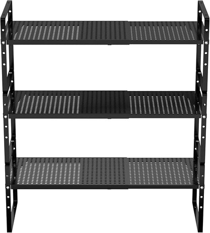 Redrubbit Expandable Cabinet Storage Shelf, Adjustable Height Steel Metal Kitchen Counter Organizers Shelves Spice Rack for Kitchen Pantry Bathroom Cupboard Desk Home Office, Black-3 Pack