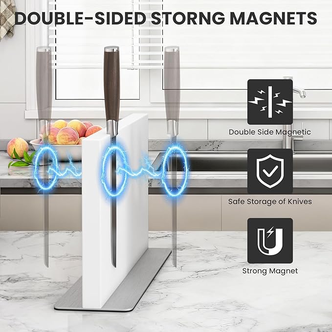 THMINS White Magnetic Knife Block Stainless Steel Double-Sided Magnetic Knife Holder, Universal Multi-function Display Rack for Kitchen Counter