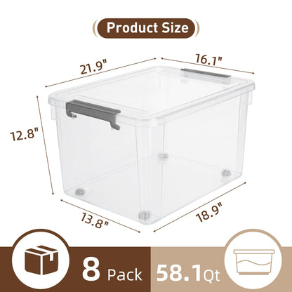 44.4 QT Plastic Storage Bins with Latching Lids Stackable Storage Containers for Organizing Large Clear Storage Box for Garage (8 Count)