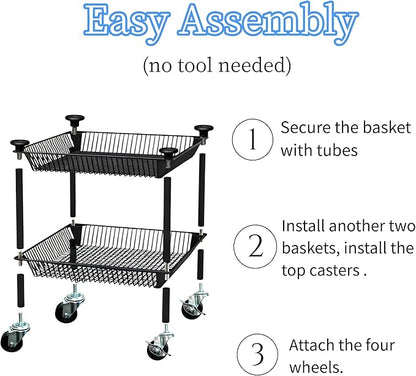 2 Tier Rolling Pantry Cart on Wheels Thick Metal Pantry Floor Organizer Small Utility Cart for Small Space, Fruit Vegetables Rack for Kitchen, Under Desk Storage Onion Potato Storage Basket, Black