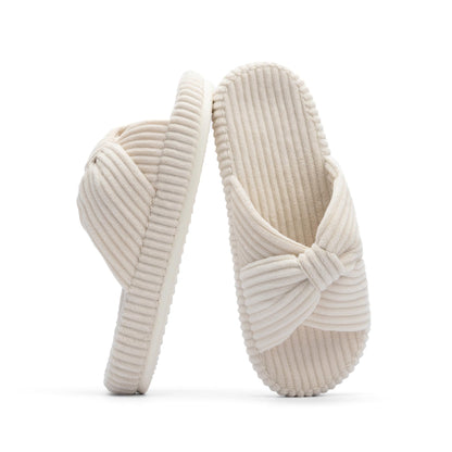 Slippers for Women Memory Foam House Bedroom Corduroy Bow Crossbands Slipper Shoes Comfy Trendy Gift Slippers Beige Size 5 6 5.5