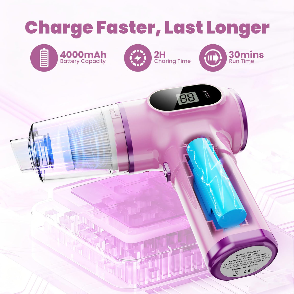 Women Friendly Cordless Pink Car Vacuum Cleaner