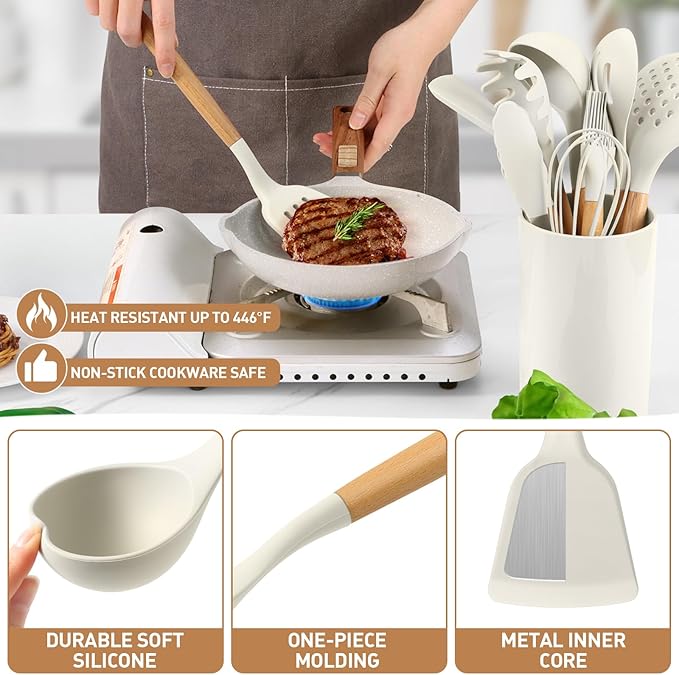 LIANYU 15 PCS Silicone Kitchen Utensils Set with Holder, Cooking Utensils set for Nonstick Cookware, Heat Resistant & Non Toxic Spatula Ladle Tong, White