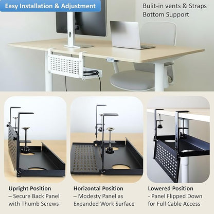 AEONS Universal Under Desk Cable Management Tray-Clamp Mount Hinged Swing Modesty Panel Organizer for Office Desks Easy Access Flip-Down position Power Strip Cord Storage No-Drill 25 lb Capacity White