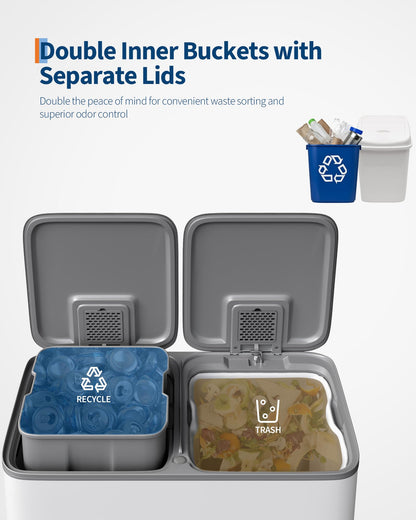 2 x 10.6 gal Stainless Steel Double Trash Can with Lid for Kitchen