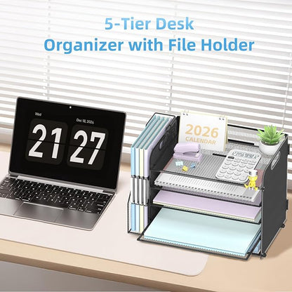 SUPEASY 5-Tier Desk Organizer with File Holder, Desk Organizers and Accessories, Paper Organizer for Desk, Mesh Desktop File Organizer, Workspace Organizers for Office School Home, Black