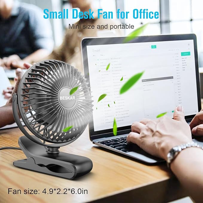 BESKAR Small Clip on Fan, 3 Speeds USB Fans with Strong Airflow, Clip & Desk Fans USB Plug in with Sturdy Clamp - Ultra Quiet operation for Office Dorm Bedroom Stroller