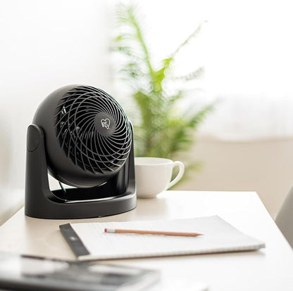 IRIS USA Desk Fan, Air Circulator, 3 Speeds, 52ft Max Air Distance, 360° Adjustable Tilt, 30 db Quiet Motor, Fan for Bedroom, Office, Dorm, Medium, Black
