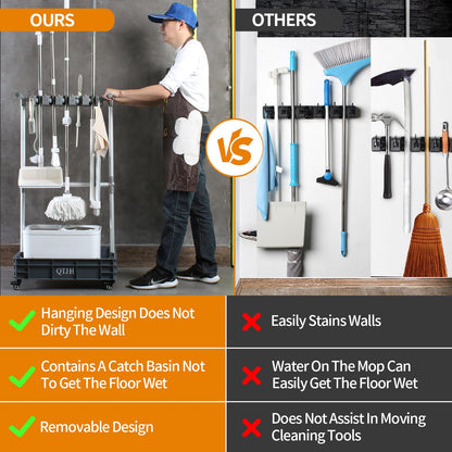 Broom mop holder cleaning supplies organizer janitorial carts on wheels housekeeping station storage tools for garage