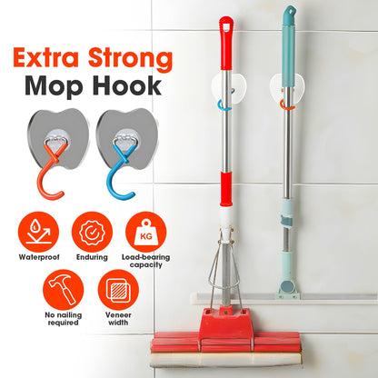 No Drill Broom Holder Adhesive Wall Hooks Heavy Duty Mop Hooks 2Pcs (2 Count)