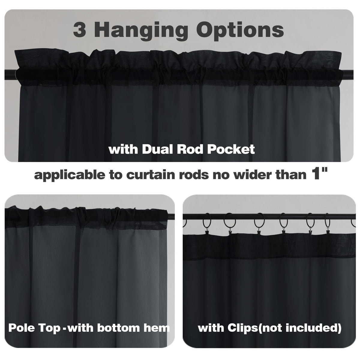 Extra Long Black Sheer Curtains 144 inch 2 Panels (2 Count)