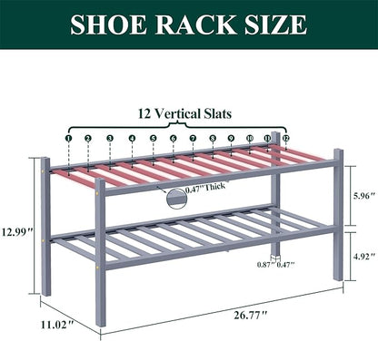 Smiry Bamboo Shoe Rack, 2 Tier Free Standing Wooden Shoe Organizer, Stackable Wood Shoe Storage Shelf for Closet, Entryway, 12 Vertical Slats, One-piece Standard Legs, 26.8"x11"x13", Grey