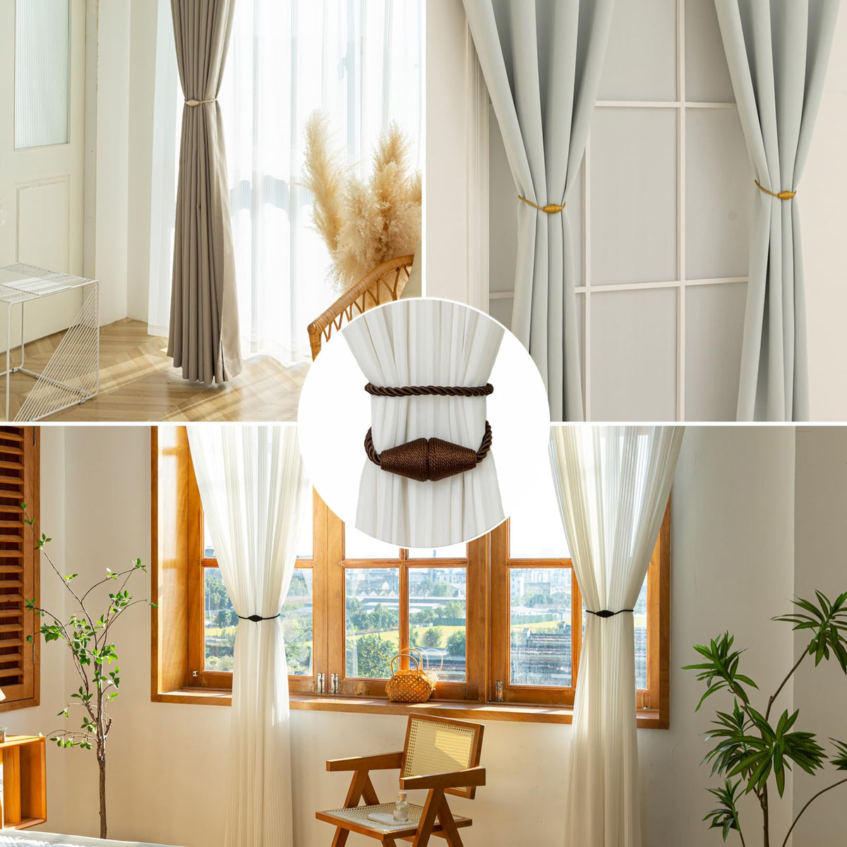Magnetic Curtain Tiebacks 4 Pack Outdoor Rope Curtain Tie Backs Decorative Window Treatment Holdbacks for Home Decorative Curtain (4 Count)