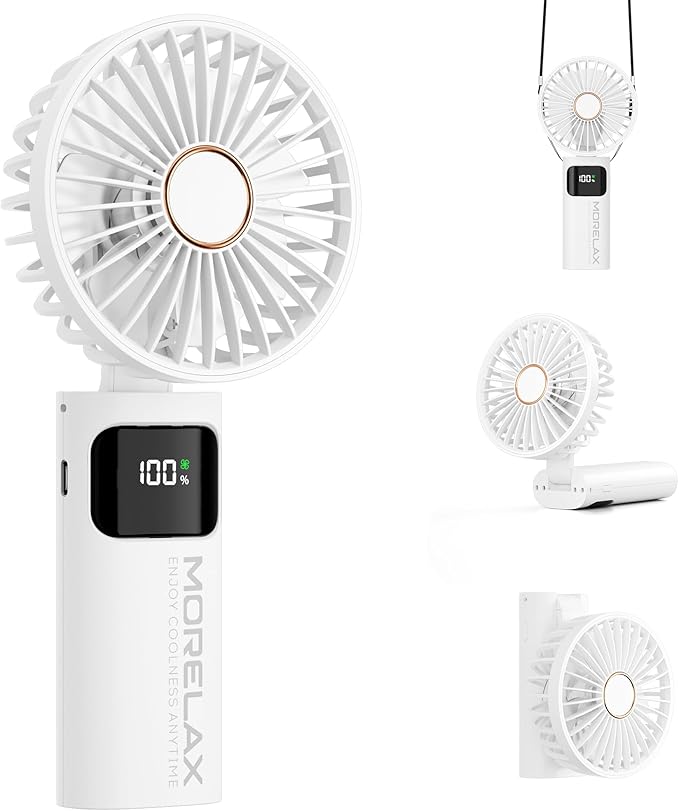 Portable Handheld Fan, USB Rechargeable Foldable Mini Personal Fan, 5200mAh, 180 Adjustable, 6 Speed Wind, 3 IN 1 Hand Cooling Desk Fan with LED Display for Home Office School Outdoor Travel, White