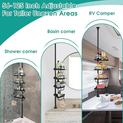 Lilyvane Corner Shower Caddy: Rustproof 125" Tension Inside Shower Organizer, Adjustable Bathroom Organizer Shelves for Bathtub Shampoo Conditioner Storage, Floor to Ceiling Standing Caddy