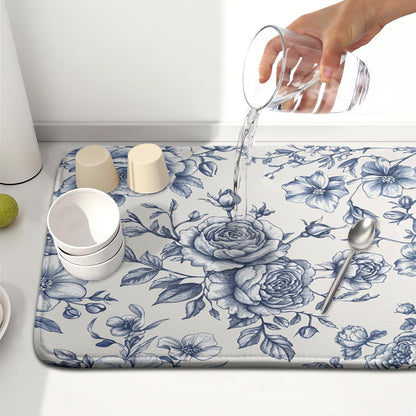 Vintage Floral Dish Drying Mat for Kitchen Counter Blue Floral Chinoiserie Pattern Dish Drying Pad 16x18 In Absorbent French Farmhouse Decor Dishes Drainer Pad Dish Dry Rack Mat for Counter Coffee Bar