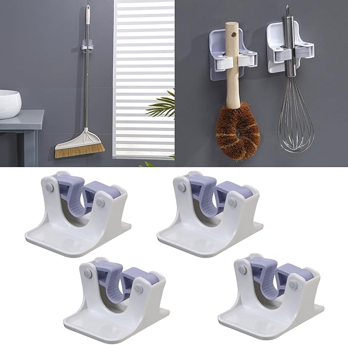 Set of 4 Wall Mounted Mop Grippers No Drilling Broom Holders Mop Handle Hanger Space Saving Tool Organizers Kitchen Organization