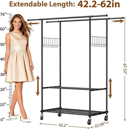 Double Rods Clothes Rack with Wheels, Heavy Duty Rolling Clothing Rack with Shelves and Side Hooks for Hanging Clothes Max Load 550 lbs, Black Metal Adjustable Portable Garment Rack