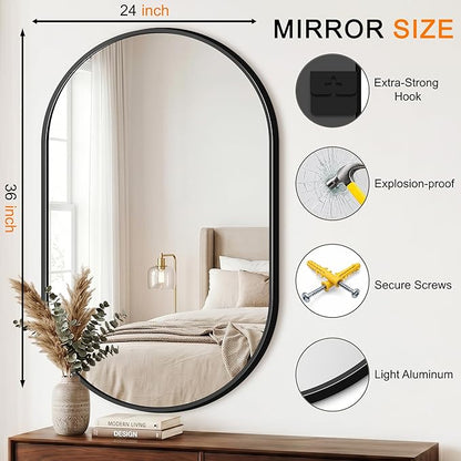 TRAHOME Oval Bathroom Mirror, 24"x36" Black Vanity Mirror for Over Sink, Bedroom, Living Room, Entryway, Modern Mounted Metal Frame Wall Mirror