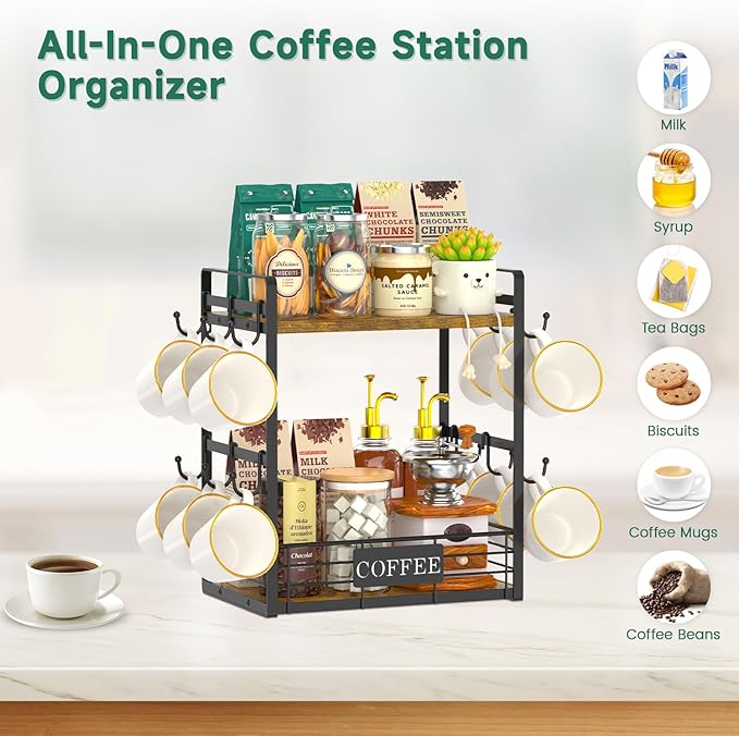 EsLuker.ly Coffee Mug Cup Holder Tree Bar Station Organizer, 2 Tier Mug Stand Rack for Countertop Kitchen, Storage Tower Display Shelf with 12 Hooks, Coffee Nook Enhancer