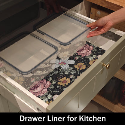 Black Retro Floral Shelf Drawer Liner for Kitchen 16IN x 10FT (12.96 Sq Ft)
