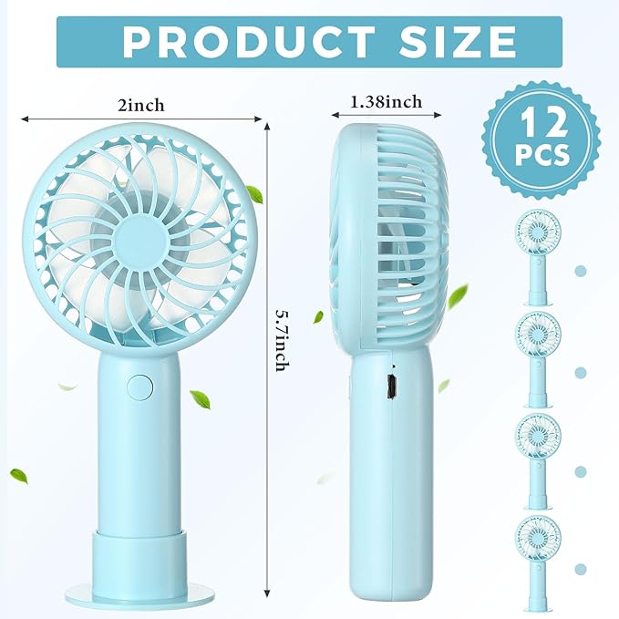 Tujoe 12 Pcs Mini Powerful Handheld Fan 3 Speed Personal Small Portable Rechargeable Fan with Base USB for Women Eyelash Makeup Office Travel Beach Indoor Outdoor (Blue)