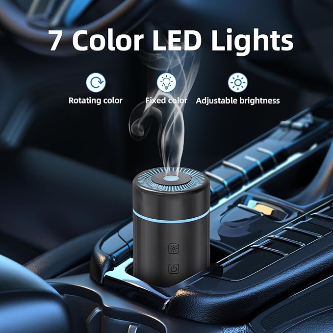 SEEDSEEL 100ML Car Diffuser, USB Rechargeable Battery Operated, Powered Cordless Essential Oil Humidifier, 7 LED Color Lights 2 Timer Modes for Car Outdoor Home (Black)