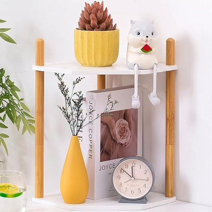 3-Tier Expandable Bamboo Corner Shelf - Dish/Plate Organizer for Cabinet, Kitchen Counter Shelf & Small Kitchen Shelf, Adjustable (11.4" H-White, 2-Tier)