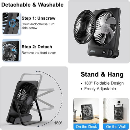 WHATOOK Large Travel Desk Fan: 10000mAh Battery 40 Hours Runtime Silent Rechargeable Fans, Quite Personal Portable Fan for Camping Bedroom Office Small Desktop fan (8.3 * 7.1inch Black)