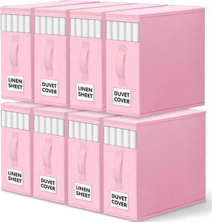 WOWBOX Sheet Organizers and Storage,Closet Bed Sheet Organizer Under Bed Storage and Organization with Label Cards & Clear Window for Bedding Sheets,Duvet Covers,Blankets (8 Pack，Pink)